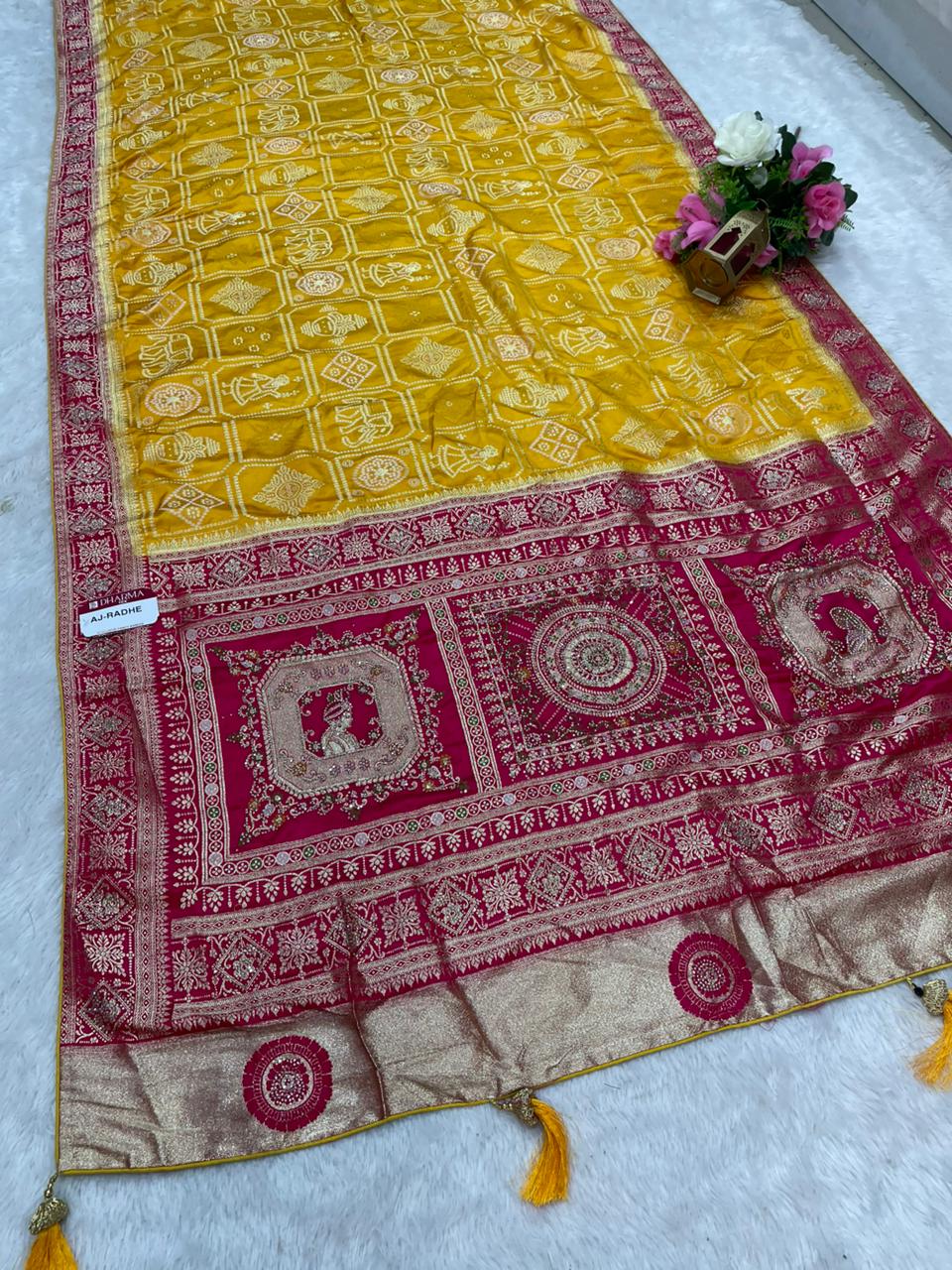 AJ-RADHE NAYLON SATIN FABRIC SAREE WITH BEAUTIFUL BANDHANI DESIGN WITH RICH PALLU DESIGN WITH CHAP DYING WITH CONTRAST PALLU AND LUXURIOUS TASSELS WITH FARMA BLOUSE