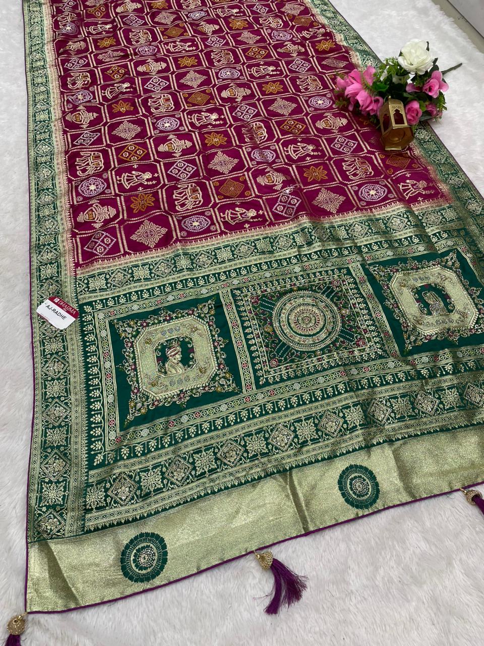 AJ-RADHE NAYLON SATIN FABRIC SAREE WITH BEAUTIFUL BANDHANI DESIGN WITH RICH PALLU DESIGN WITH CHAP DYING WITH CONTRAST PALLU AND LUXURIOUS TASSELS WITH FARMA BLOUSE