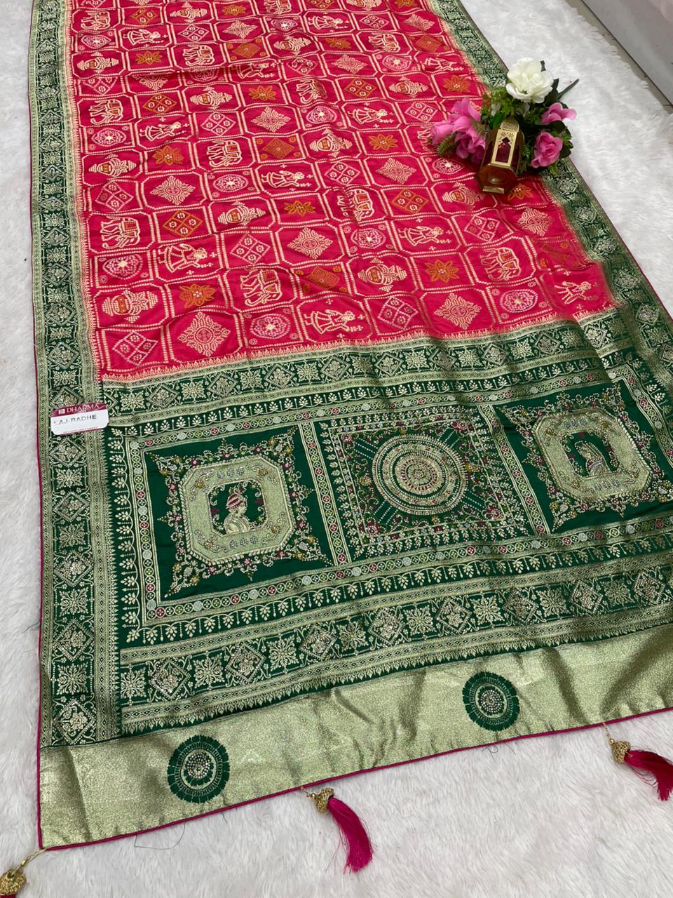 AJ-RADHE NAYLON SATIN FABRIC SAREE WITH BEAUTIFUL BANDHANI DESIGN WITH RICH PALLU DESIGN WITH CHAP DYING WITH CONTRAST PALLU AND LUXURIOUS TASSELS WITH FARMA BLOUSE