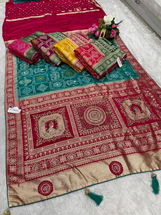 AJ-RADHE NAYLON SATIN FABRIC SAREE WITH BEAUTIFUL BANDHANI DESIGN WITH RICH PALLU DESIGN WITH CHAP DYING WITH CONTRAST PALLU AND LUXURIOUS TASSELS WITH FARMA BLOUSE
