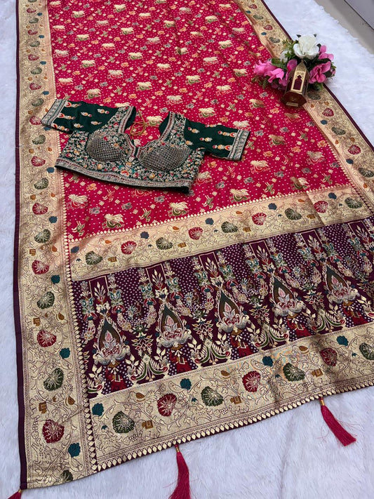 BS-DIVINE EUROPIAN DOLA SILK SAREE WITH 2D DYING WITH HEAVY MEENA WORK WITH JARKAN SIROSKI WORK WITH STITCH BLOUSE