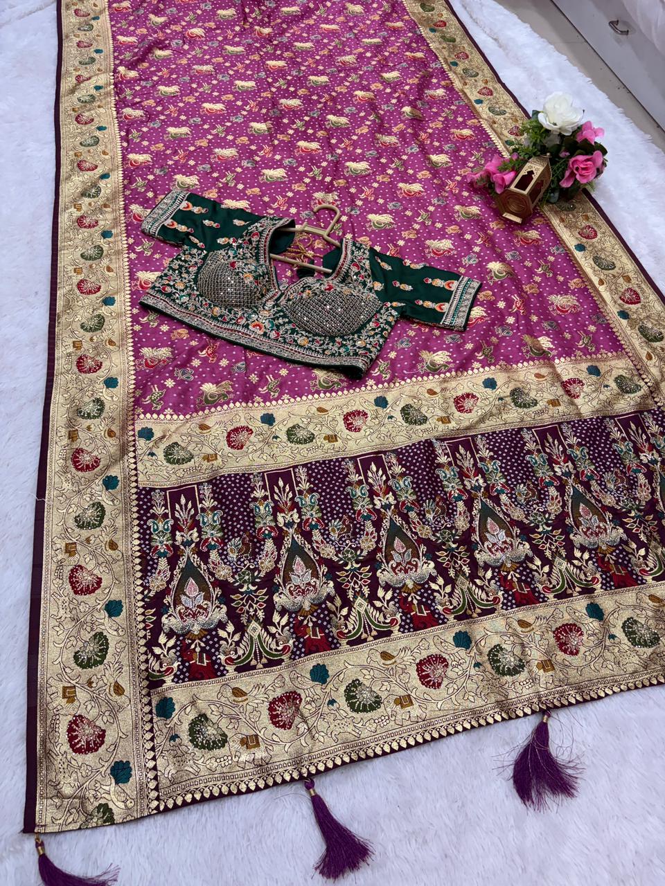 BS-DIVINE EUROPIAN DOLA SILK SAREE WITH 2D DYING WITH HEAVY MEENA WORK WITH JARKAN SIROSKI WORK WITH STITCH BLOUSE