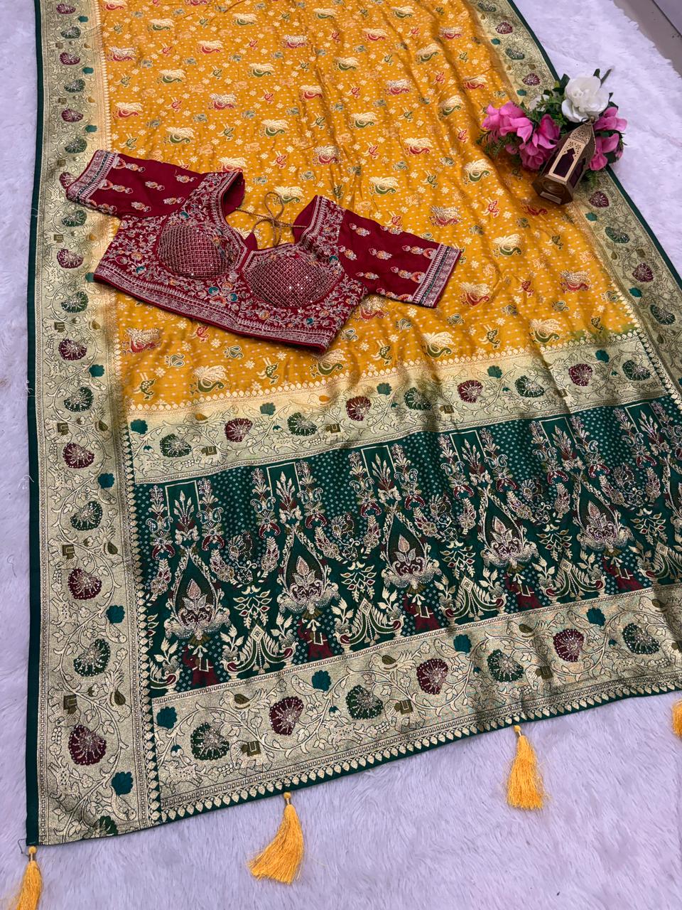 BS-DIVINE EUROPIAN DOLA SILK SAREE WITH 2D DYING WITH HEAVY MEENA WORK WITH JARKAN SIROSKI WORK WITH STITCH BLOUSE