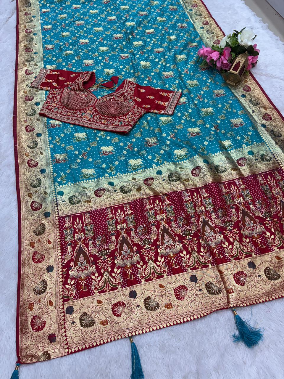 BS-DIVINE EUROPIAN DOLA SILK SAREE WITH 2D DYING WITH HEAVY MEENA WORK WITH JARKAN SIROSKI WORK WITH STITCH BLOUSE