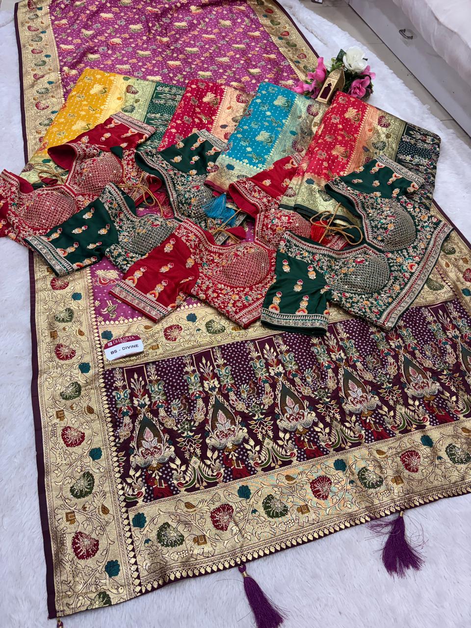 BS-DIVINE EUROPIAN DOLA SILK SAREE WITH 2D DYING WITH HEAVY MEENA WORK WITH JARKAN SIROSKI WORK WITH STITCH BLOUSE
