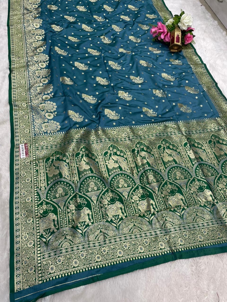SB-SARTIN SILK-2 SATIN SILK FABRIC SAREE WITH BEAUTIFUL DESIGN WITH BEAUTIFUL PEACOCK AND GAJRAJ DESIGN ON PALLU WITH 2D DYING WITH BLOUSE