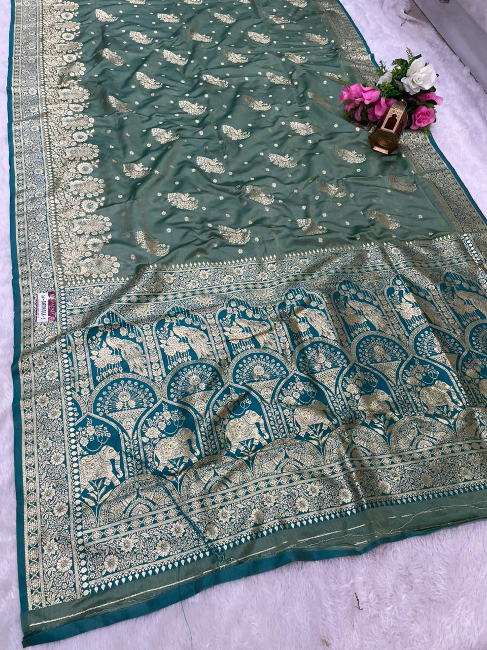 SB-SARTIN SILK-2 SATIN SILK FABRIC SAREE WITH BEAUTIFUL DESIGN WITH BEAUTIFUL PEACOCK AND GAJRAJ DESIGN ON PALLU WITH 2D DYING WITH BLOUSE