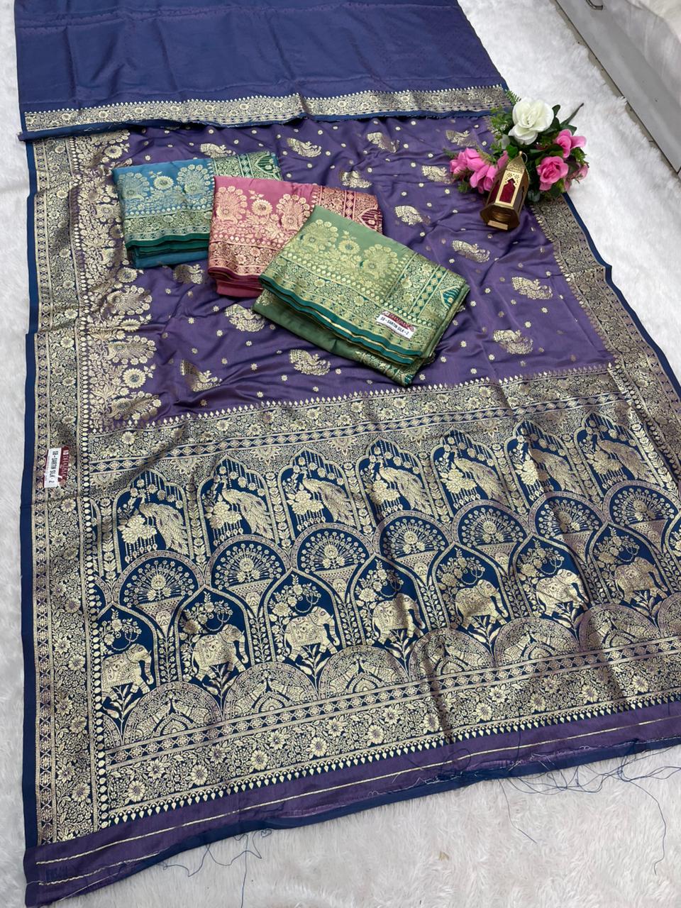 SB-SARTIN SILK-2 SATIN SILK FABRIC SAREE WITH BEAUTIFUL DESIGN WITH BEAUTIFUL PEACOCK AND GAJRAJ DESIGN ON PALLU WITH 2D DYING WITH BLOUSE