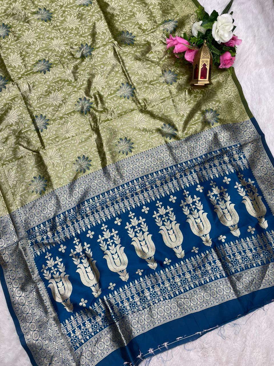 AJ-MANOHARI TISSUE KOTA FABRIC SAREE WITH CONTRAST PALLU WITH MEENAKARI DESIGN ON BODY WITH  BUTTI CONRAST BLOUSE