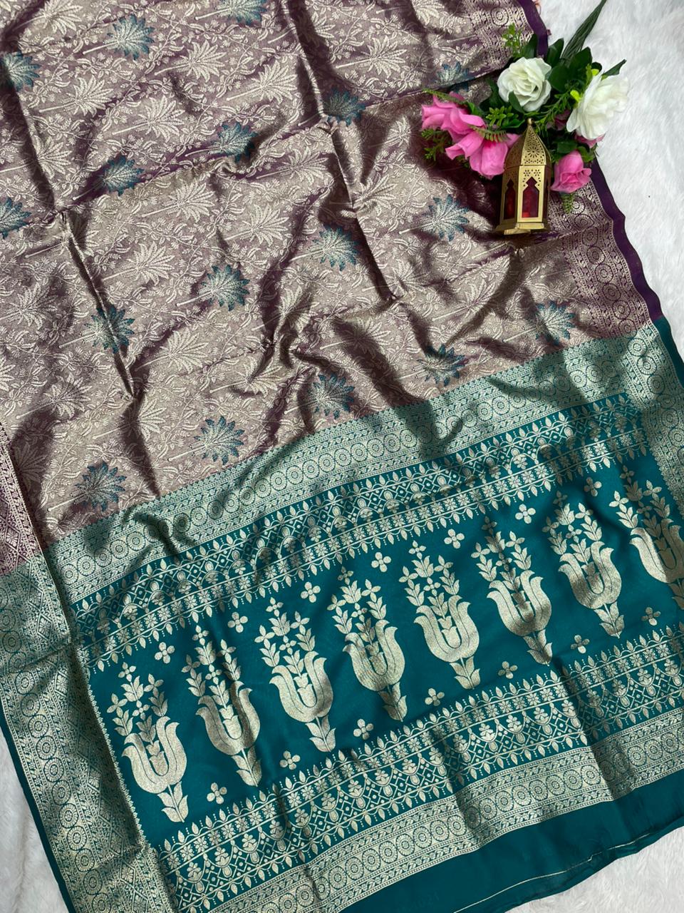 AJ-MANOHARI TISSUE KOTA FABRIC SAREE WITH CONTRAST PALLU WITH MEENAKARI DESIGN ON BODY WITH  BUTTI CONRAST BLOUSE