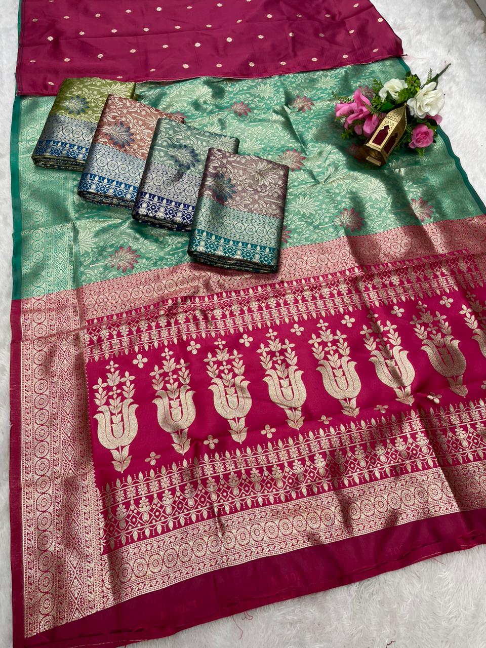 AJ-MANOHARI TISSUE KOTA FABRIC SAREE WITH CONTRAST PALLU WITH MEENAKARI DESIGN ON BODY WITH  BUTTI CONRAST BLOUSE
