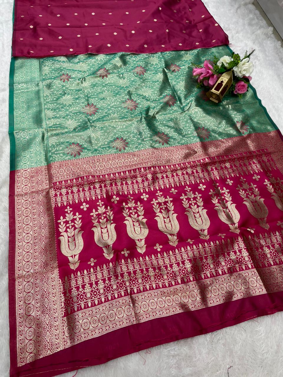 AJ-MANOHARI TISSUE KOTA FABRIC SAREE WITH CONTRAST PALLU WITH MEENAKARI DESIGN ON BODY WITH  BUTTI CONRAST BLOUSE