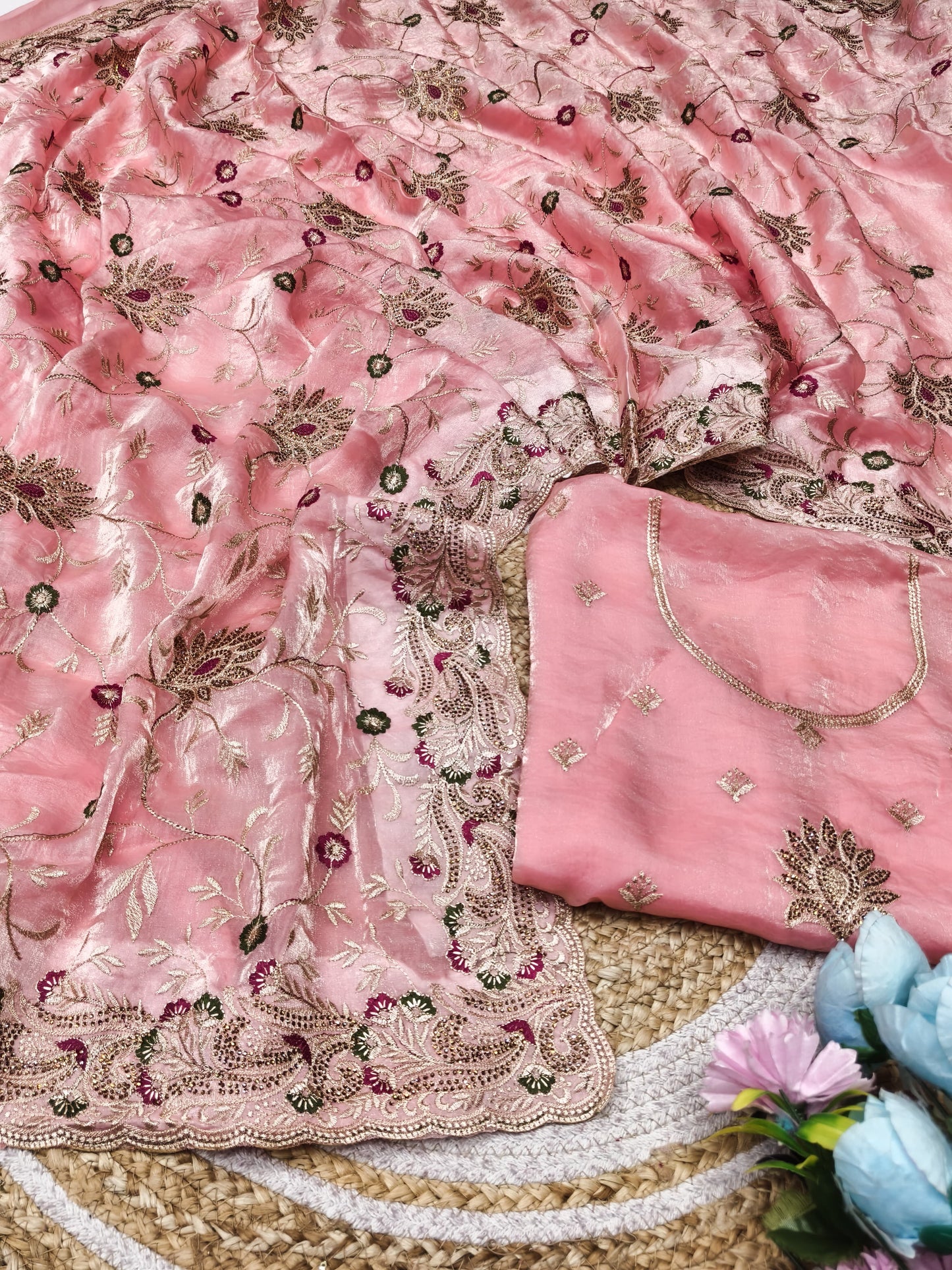 DF-ANURAG SATIN FABRIC SAREE WITH BEAUTIFUL DESIGN WITH HEAVY EMBROIDERY WORK WITH DMC SIROSKI WORK WITH HEAVY BLOUSE