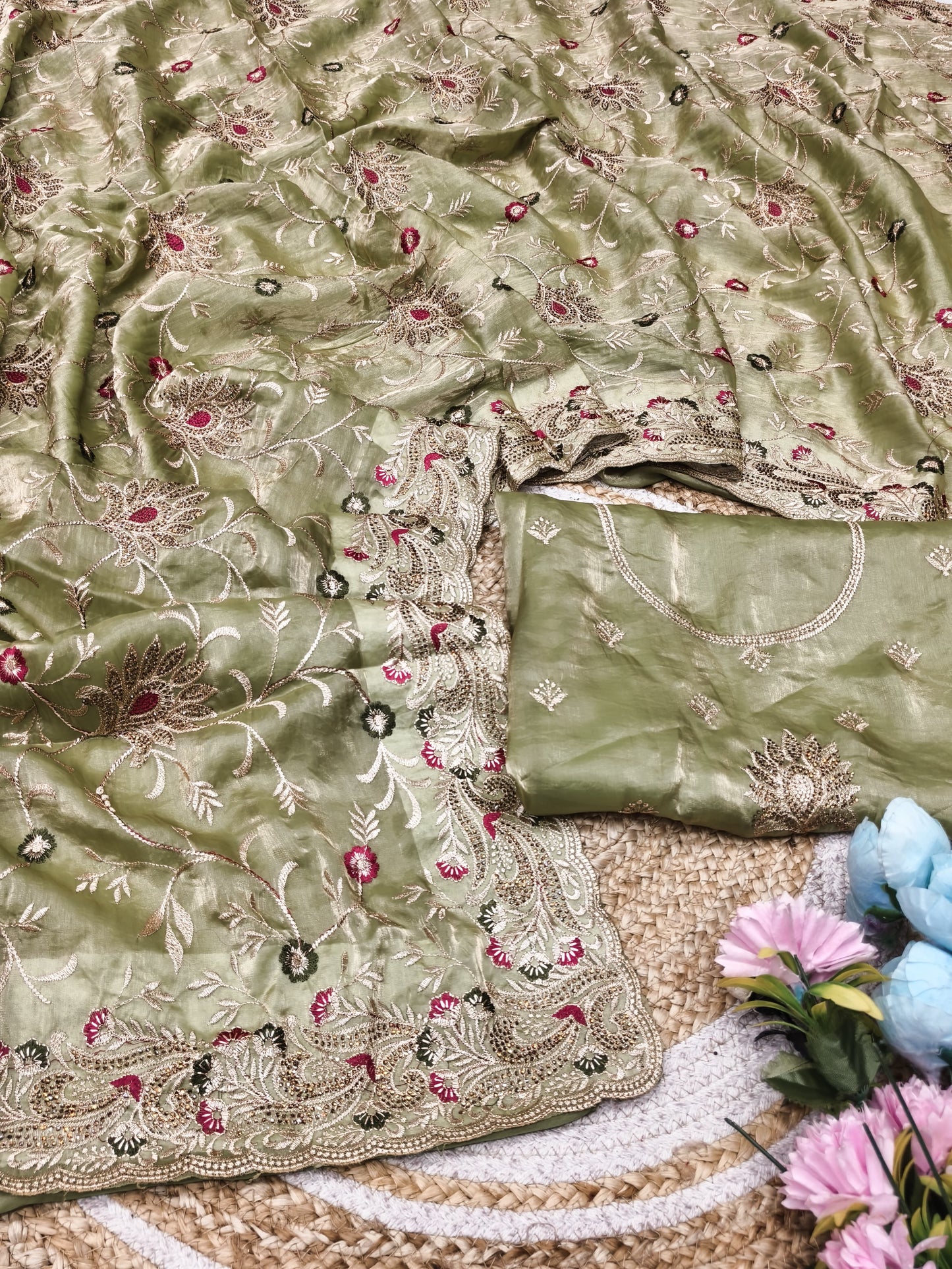 DF-ANURAG SATIN FABRIC SAREE WITH BEAUTIFUL DESIGN WITH HEAVY EMBROIDERY WORK WITH DMC SIROSKI WORK WITH HEAVY BLOUSE