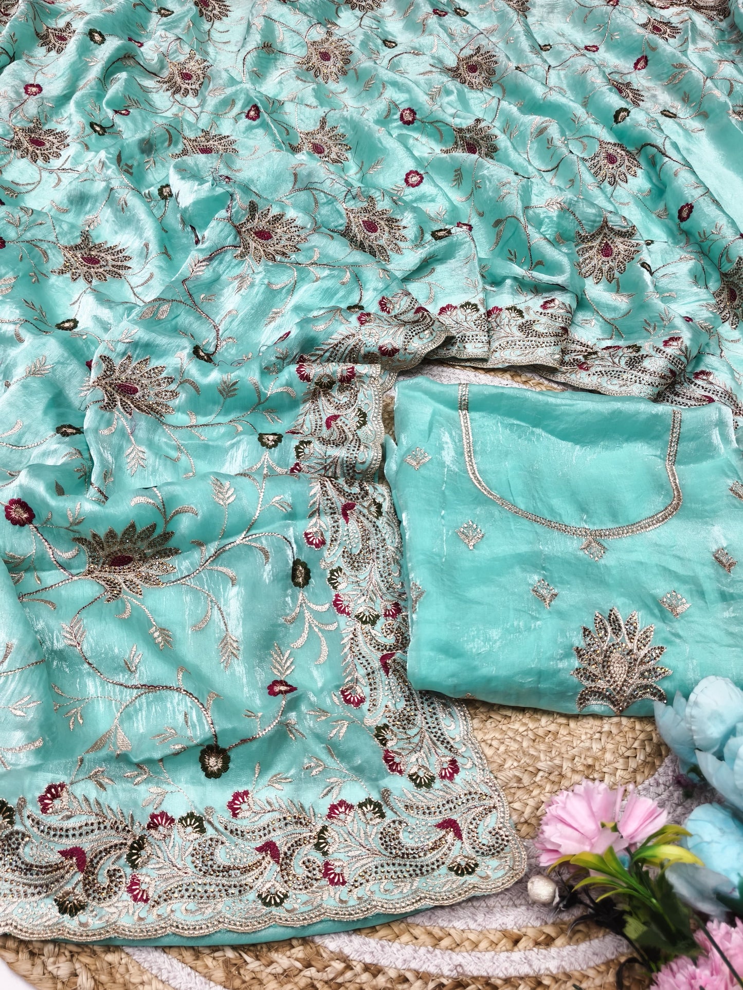 DF-ANURAG SATIN FABRIC SAREE WITH BEAUTIFUL DESIGN WITH HEAVY EMBROIDERY WORK WITH DMC SIROSKI WORK WITH HEAVY BLOUSE
