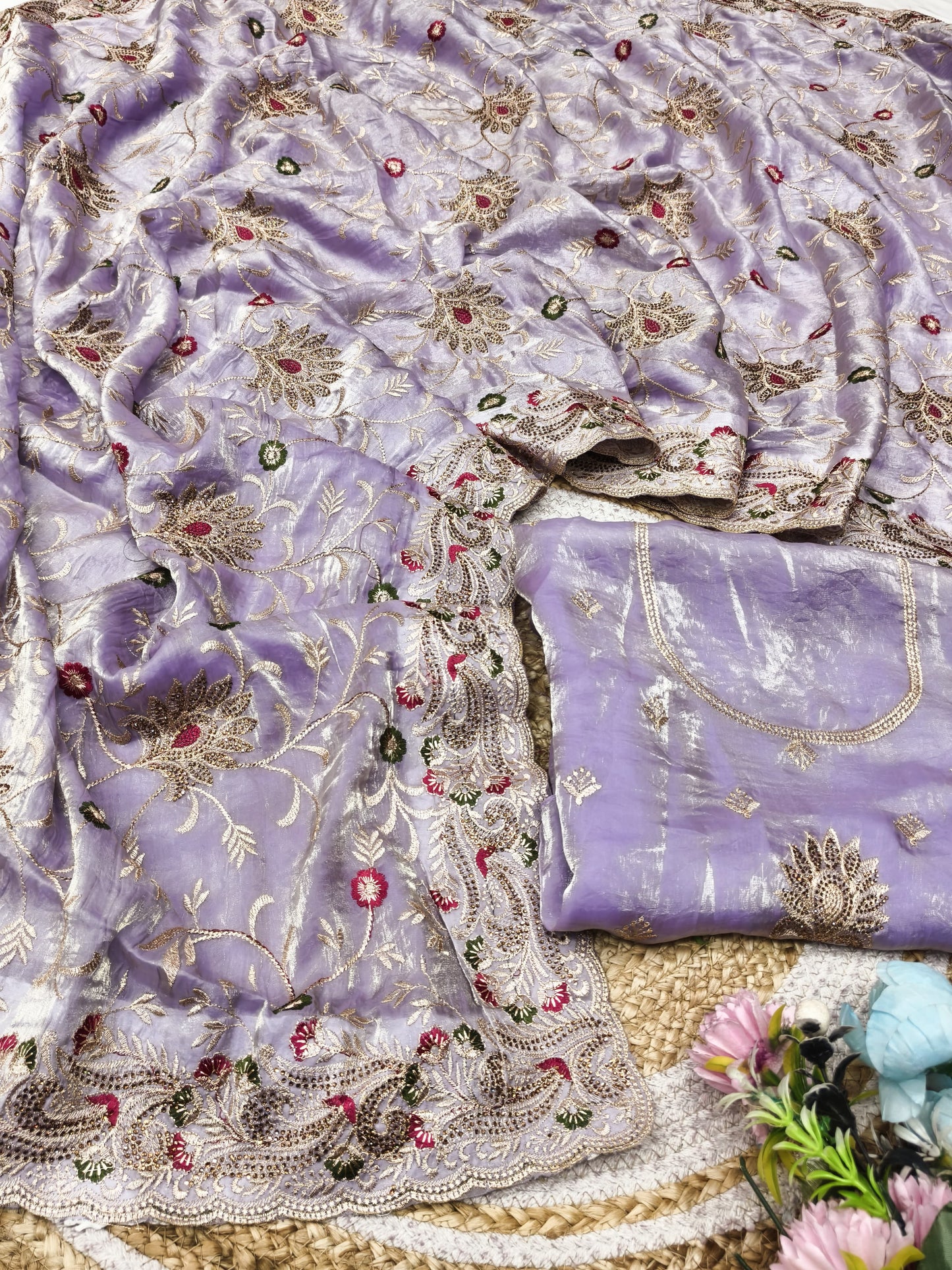 DF-ANURAG SATIN FABRIC SAREE WITH BEAUTIFUL DESIGN WITH HEAVY EMBROIDERY WORK WITH DMC SIROSKI WORK WITH HEAVY BLOUSE