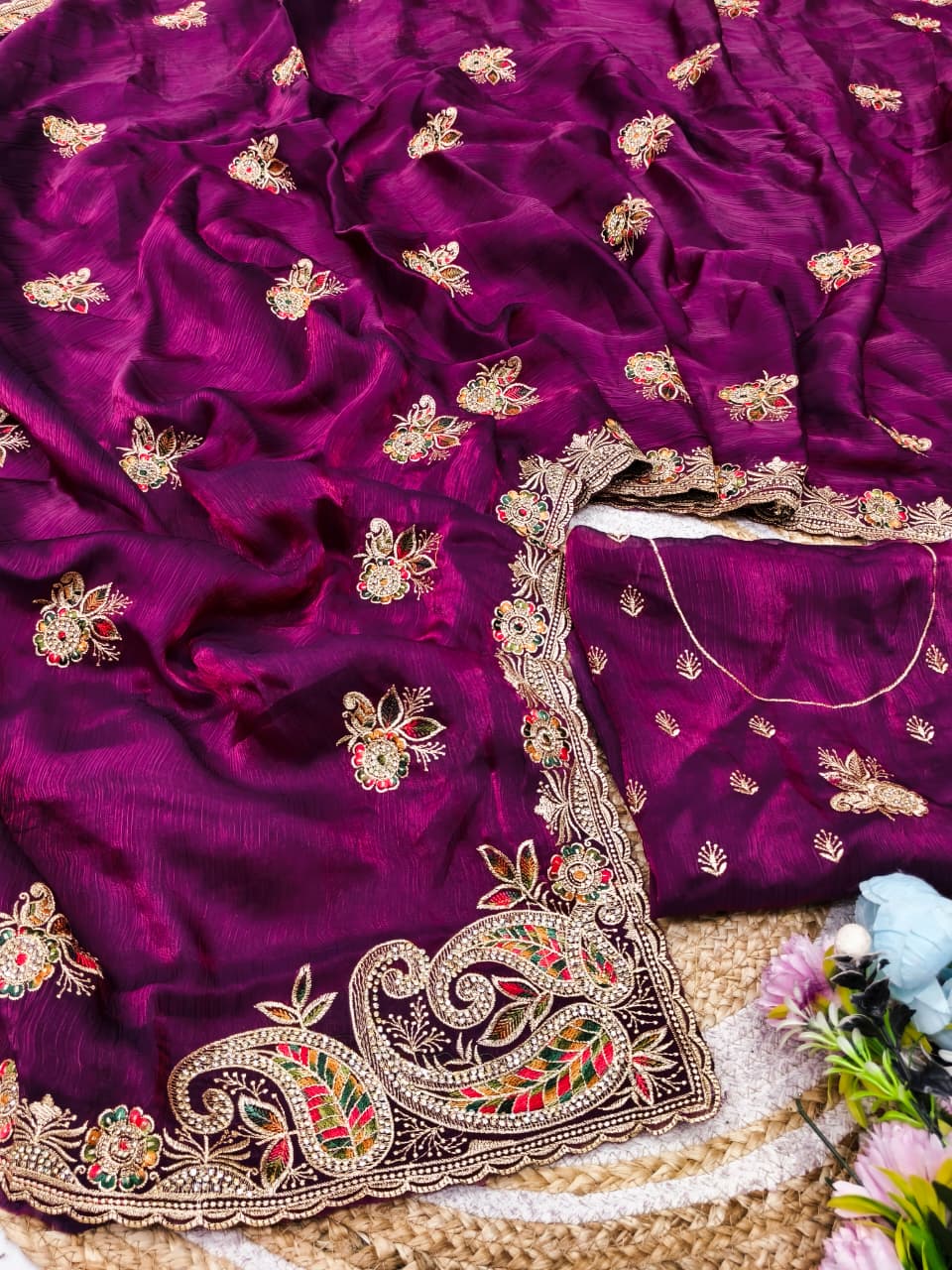 DF-ZOYAL FENDI FABRIC SAREE WITH HEAVY JARKAN WORK ON BUTTA AND BORDER WITH CUTWORK WITH HEAVY BLOUSE