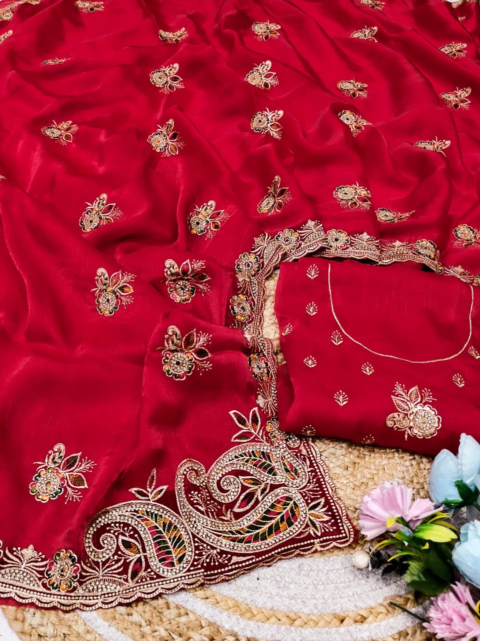 DF-ZOYAL FENDI FABRIC SAREE WITH HEAVY JARKAN WORK ON BUTTA AND BORDER WITH CUTWORK WITH HEAVY BLOUSE