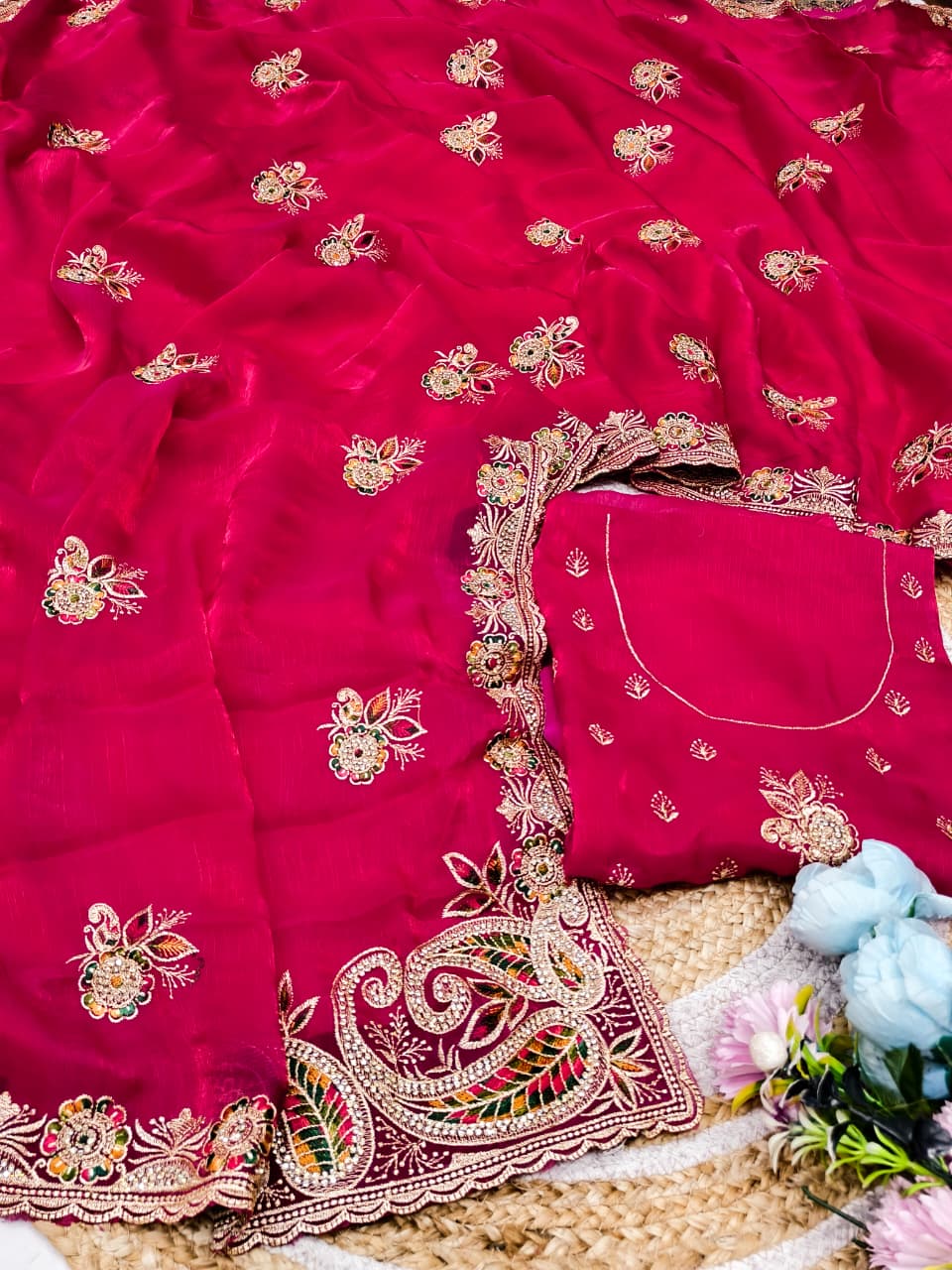 DF-ZOYAL FENDI FABRIC SAREE WITH HEAVY JARKAN WORK ON BUTTA AND BORDER WITH CUTWORK WITH HEAVY BLOUSE