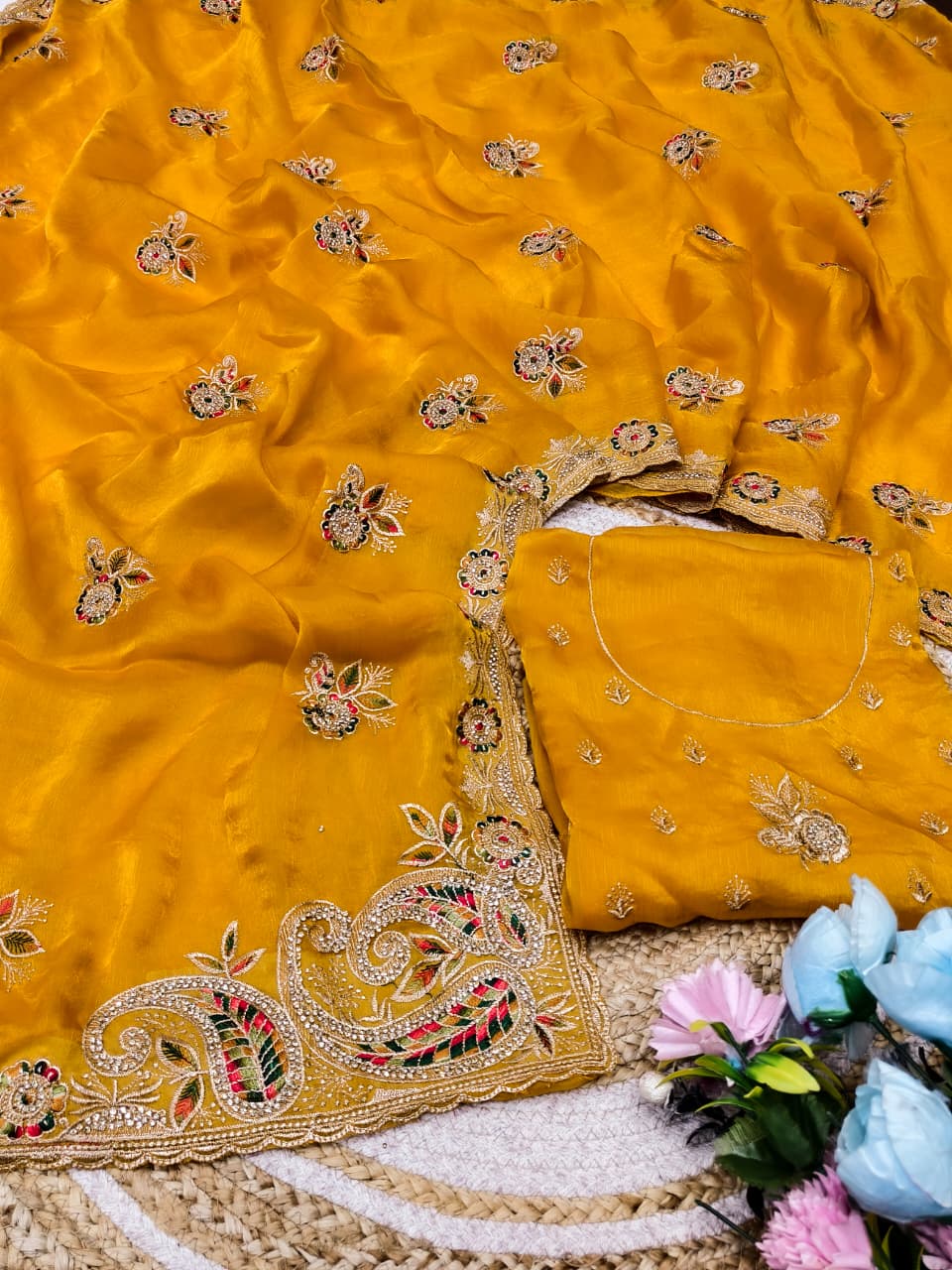 DF-ZOYAL FENDI FABRIC SAREE WITH HEAVY JARKAN WORK ON BUTTA AND BORDER WITH CUTWORK WITH HEAVY BLOUSE
