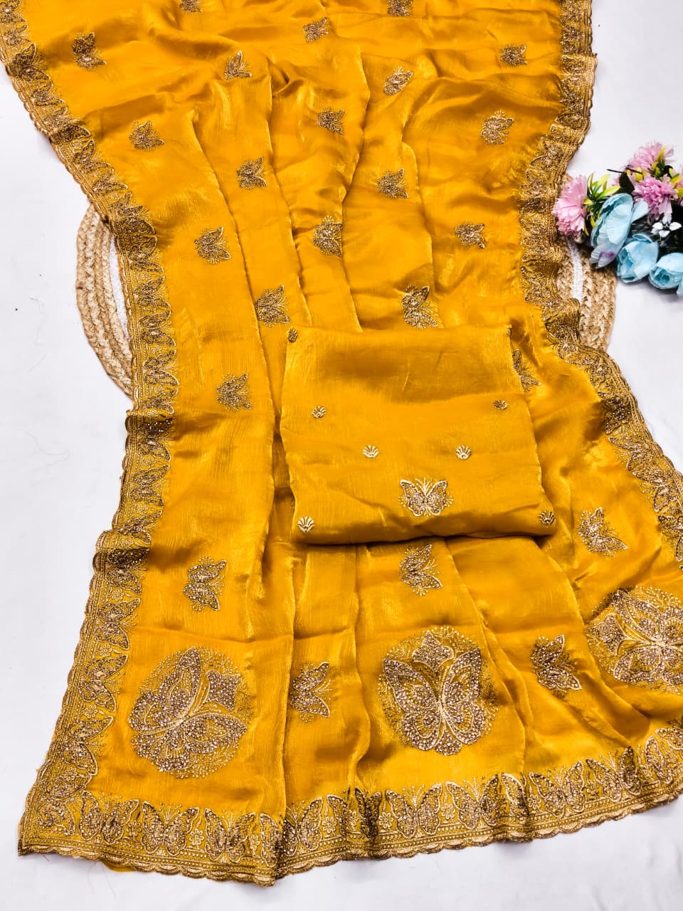 DF-PALLAVI FENDI SATIN FABRIC SAREE WITH SIROSKI WORK WITH CUTWORK AND BEAUTIFUL BUTTERFLY DESIGN ALL OVER IN SAREE WITH HEAVY BLOUSE