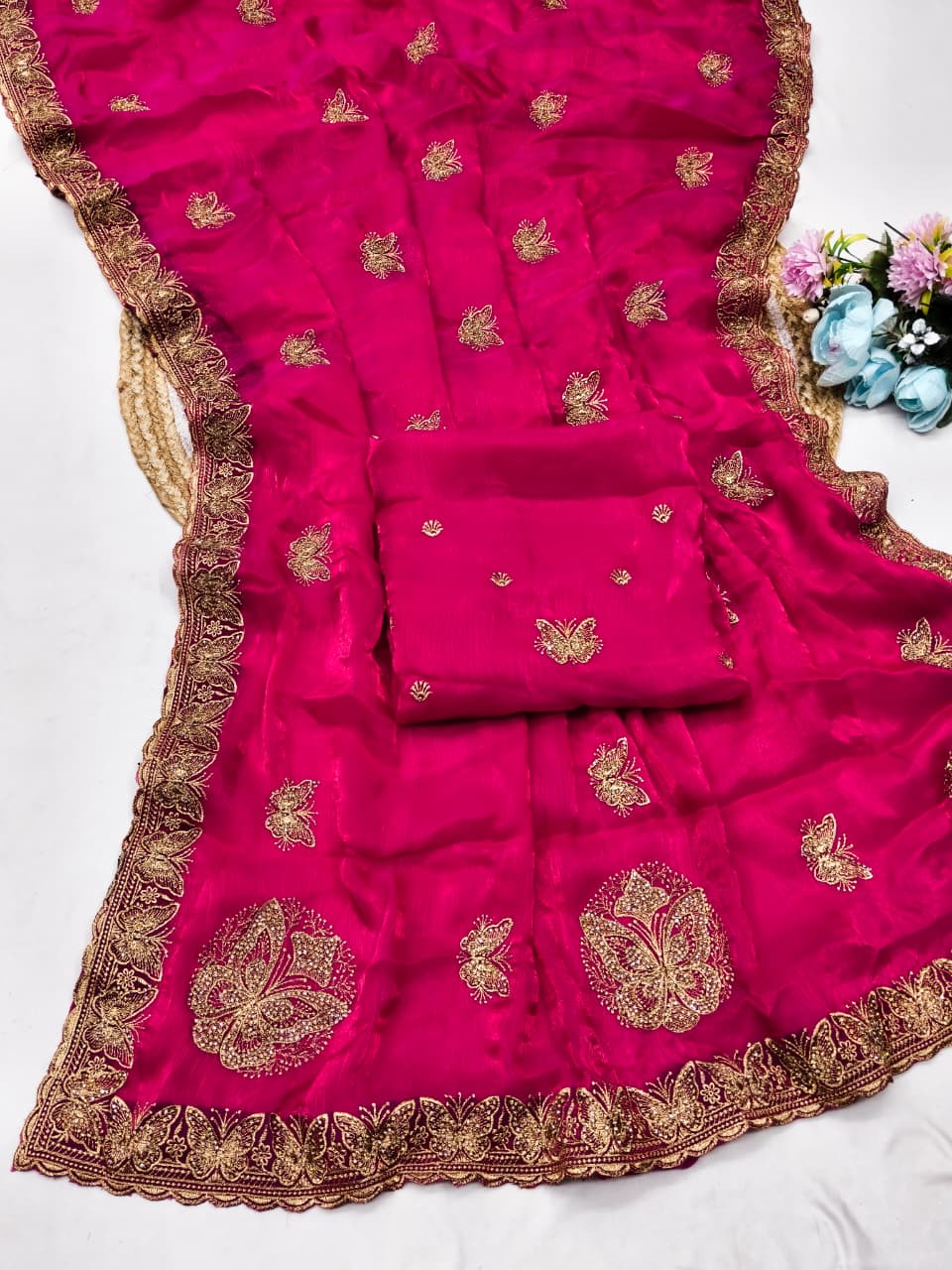 DF-PALLAVI FENDI SATIN FABRIC SAREE WITH SIROSKI WORK WITH CUTWORK AND BEAUTIFUL BUTTERFLY DESIGN ALL OVER IN SAREE WITH HEAVY BLOUSE