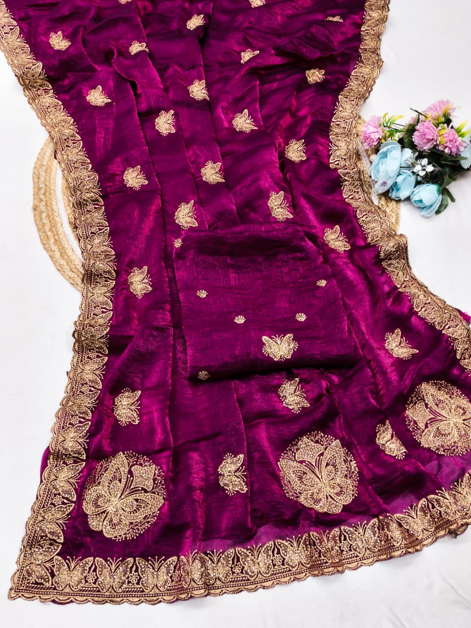 DF-PALLAVI FENDI SATIN FABRIC SAREE WITH SIROSKI WORK WITH CUTWORK AND BEAUTIFUL BUTTERFLY DESIGN ALL OVER IN SAREE WITH HEAVY BLOUSE