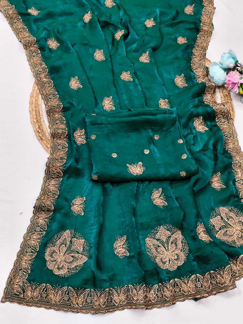 DF-PALLAVI FENDI SATIN FABRIC SAREE WITH SIROSKI WORK WITH CUTWORK AND BEAUTIFUL BUTTERFLY DESIGN ALL OVER IN SAREE WITH HEAVY BLOUSE