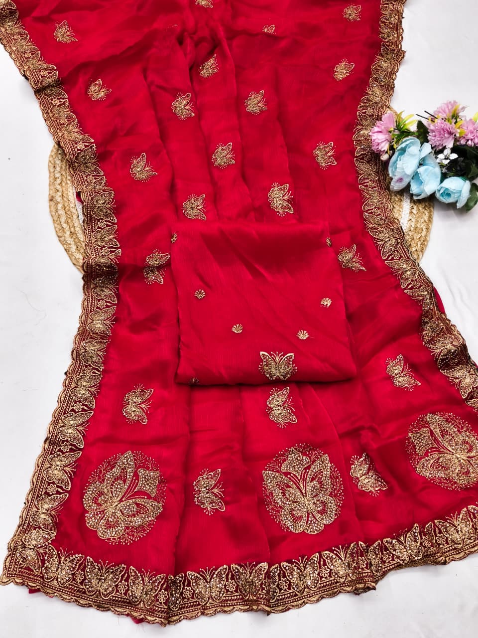 DF-PALLAVI FENDI SATIN FABRIC SAREE WITH SIROSKI WORK WITH CUTWORK AND BEAUTIFUL BUTTERFLY DESIGN ALL OVER IN SAREE WITH HEAVY BLOUSE