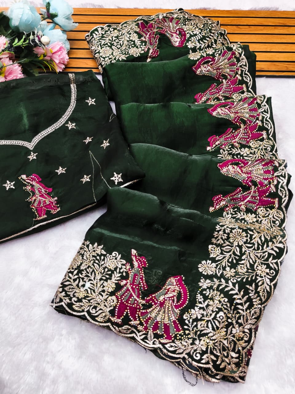 DF-RADHA RANI FENDI SATIN FABRIC SAREE WITH EMBROIDERY WORK WITH THREAD WORK WITH JODA DESIGN ON BORDER WITH MULTI DMC SIROSKI WORK ON SAREE WITH HEAVY WORK BLOUSE