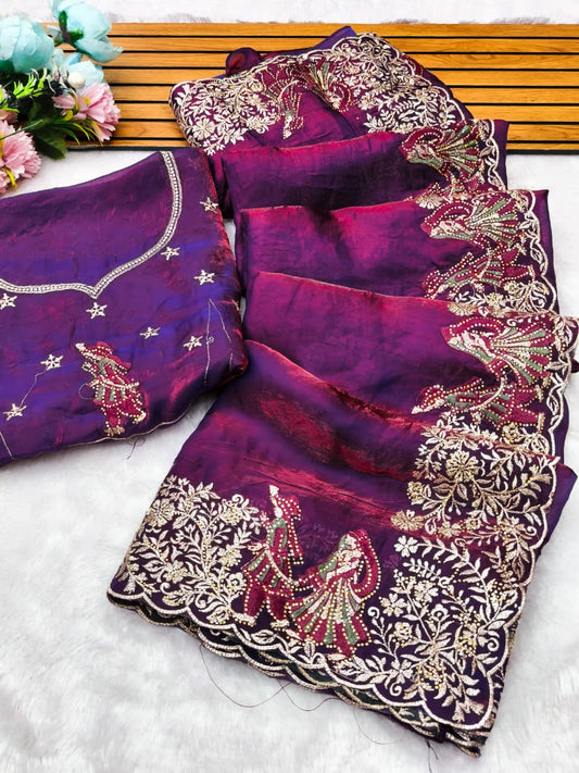 DF-RADHA RANI FENDI SATIN FABRIC SAREE WITH EMBROIDERY WORK WITH THREAD WORK WITH JODA DESIGN ON BORDER WITH MULTI DMC SIROSKI WORK ON SAREE WITH HEAVY WORK BLOUSE