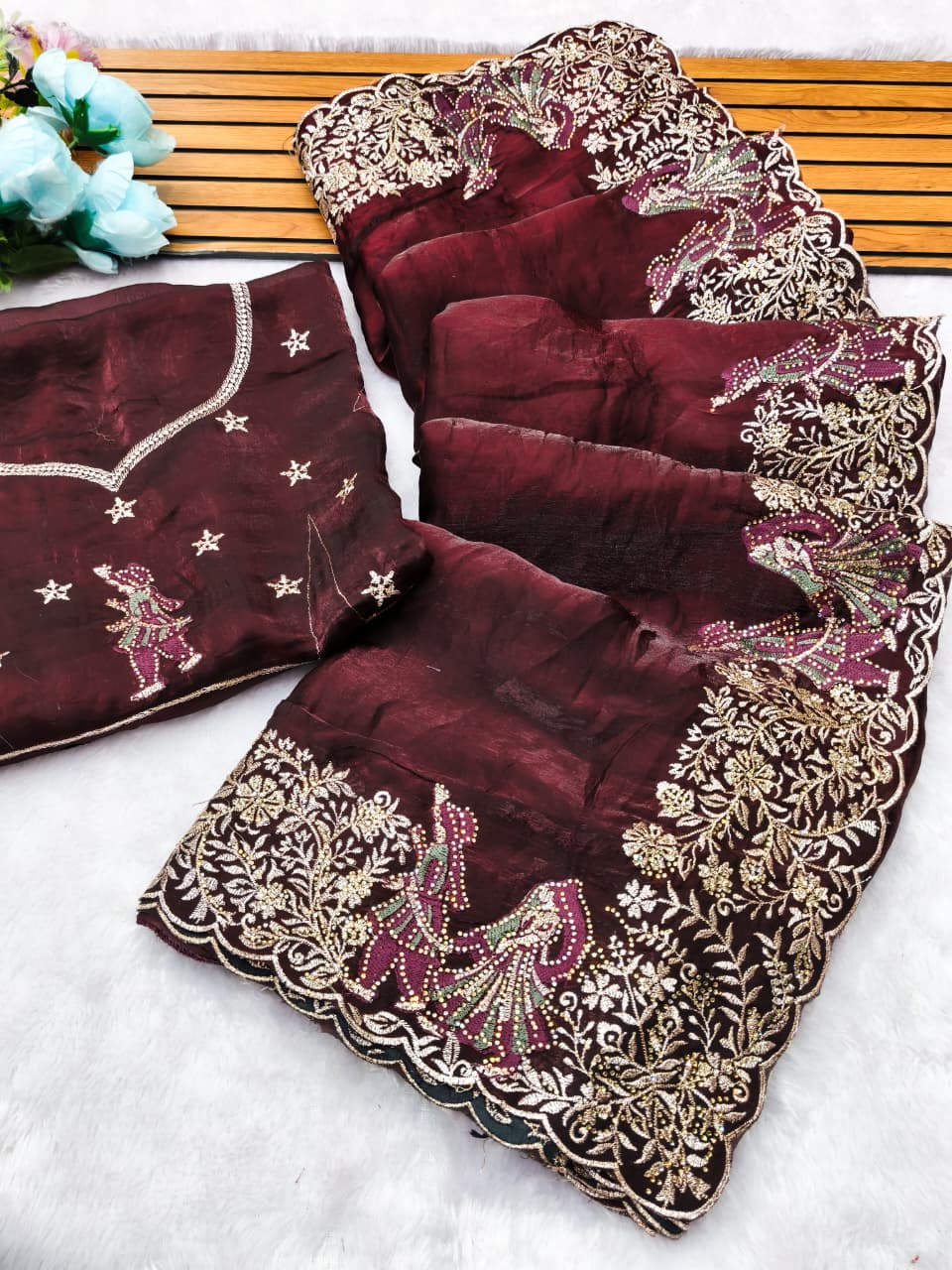 DF-RADHA RANI FENDI SATIN FABRIC SAREE WITH EMBROIDERY WORK WITH THREAD WORK WITH JODA DESIGN ON BORDER WITH MULTI DMC SIROSKI WORK ON SAREE WITH HEAVY WORK BLOUSE