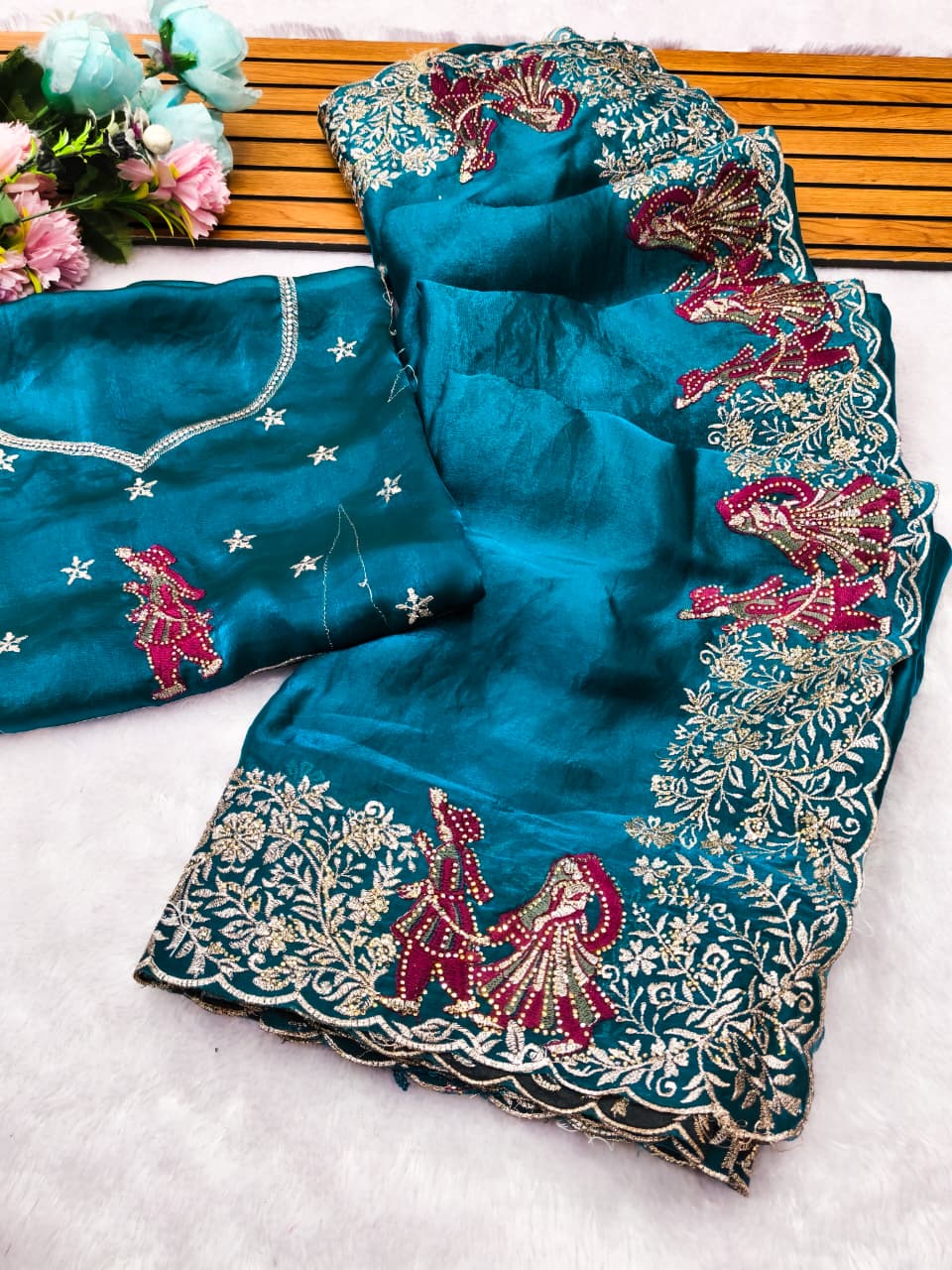 DF-RADHA RANI FENDI SATIN FABRIC SAREE WITH EMBROIDERY WORK WITH THREAD WORK WITH JODA DESIGN ON BORDER WITH MULTI DMC SIROSKI WORK ON SAREE WITH HEAVY WORK BLOUSE