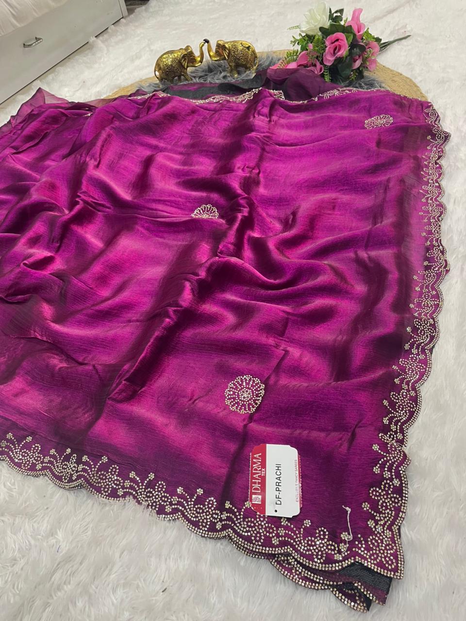 DF-PRACHI FENDI FABRIC SAREE WITH BEAUTIFUL SAREE WITH HEAVY JARKAN WORK ON BORDER AND BUTTA WITH CUT WORK WITH HEAVY BLOUSE