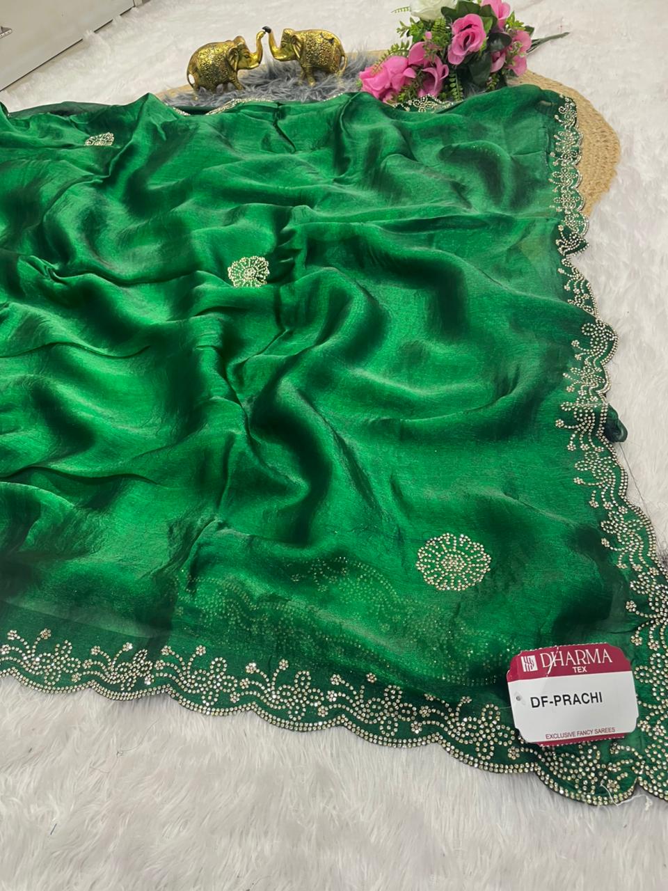 DF-PRACHI FENDI FABRIC SAREE WITH BEAUTIFUL SAREE WITH HEAVY JARKAN WORK ON BORDER AND BUTTA WITH CUT WORK WITH HEAVY BLOUSE