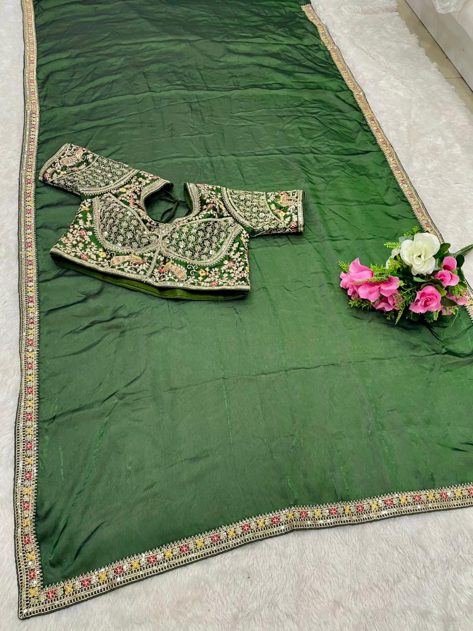 DF-MONA Satin Silk Saree with embroidery work with sequence work with thread work with heavy stitched blouse