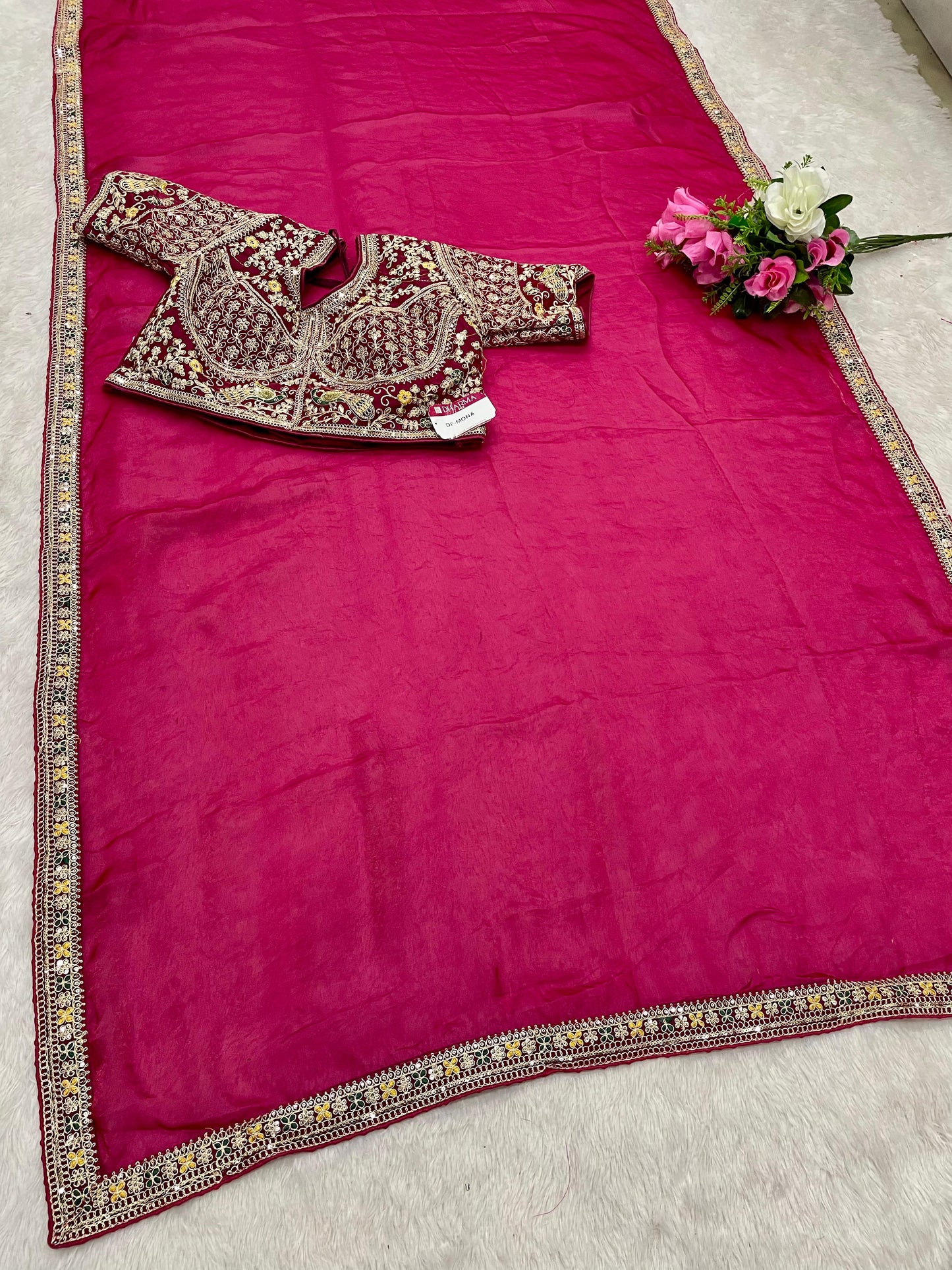 DF-MONA Satin Silk Saree with embroidery work with sequence work with thread work with heavy stitched blouse
