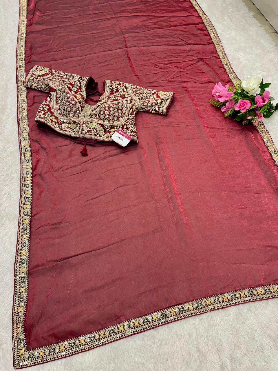 DF-MONA Satin Silk Saree with embroidery work with sequence work with thread work with heavy stitched blouse