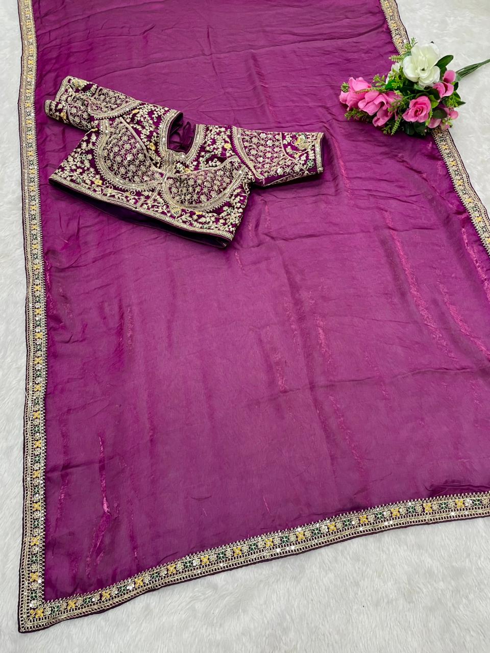 DF-MONA Satin Silk Saree with embroidery work with sequence work with thread work with heavy stitched blouse