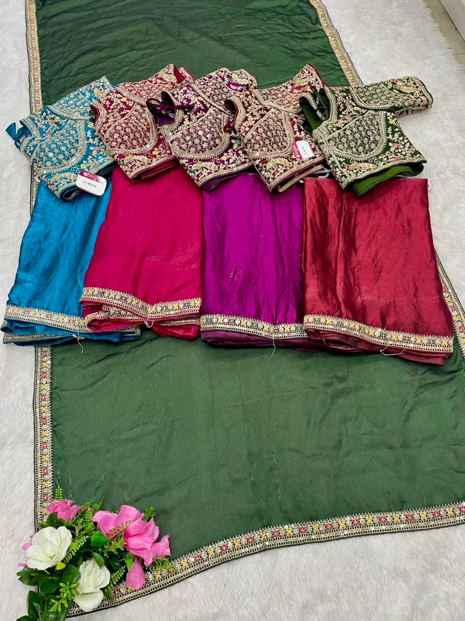 DF-MONA Satin Silk Saree with embroidery work with sequence work with thread work with heavy stitched blouse