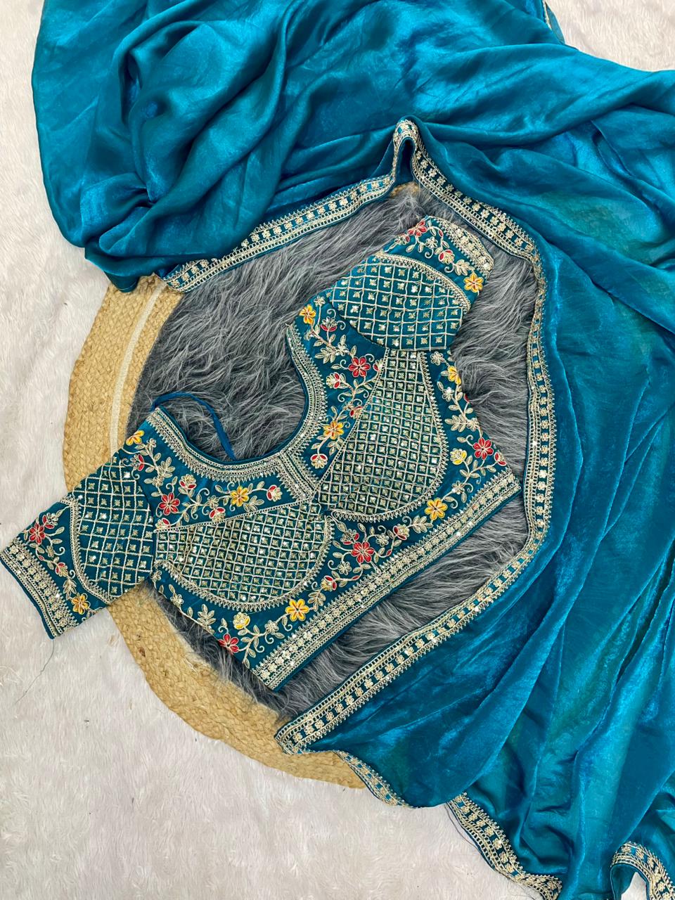DF-AABHAR Satin Silk Saree with embroidery work with sequence work with thread work with heavy stitched blouse