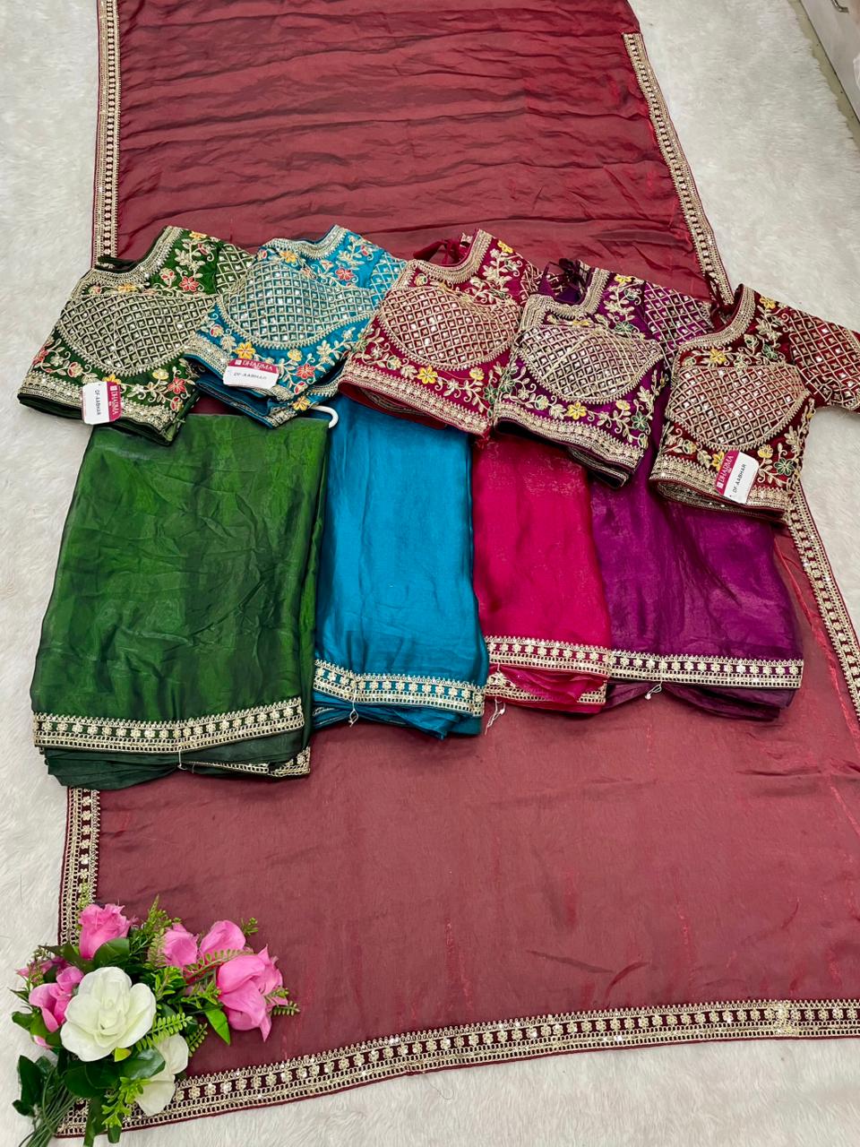 DF-AABHAR Satin Silk Saree with embroidery work with sequence work with thread work with heavy stitched blouse
