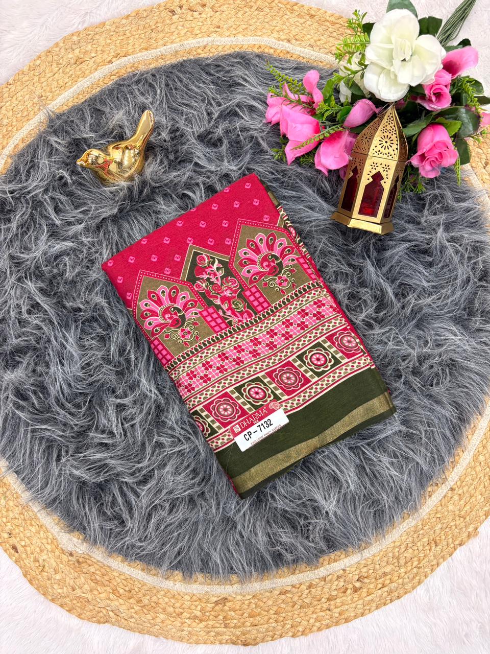 CP-7132 MAL COTTON FABRIC SAREE WITH BEAUTIFUL DESIGN ON PALLU WITH BUTTI BLOUSE AND TRENDING SAREE