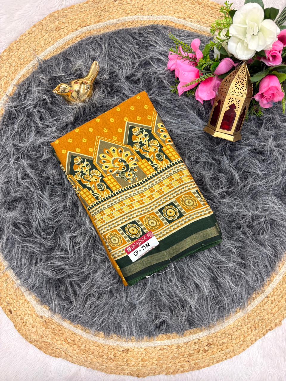 CP-7132 MAL COTTON FABRIC SAREE WITH BEAUTIFUL DESIGN ON PALLU WITH BUTTI BLOUSE AND TRENDING SAREE
