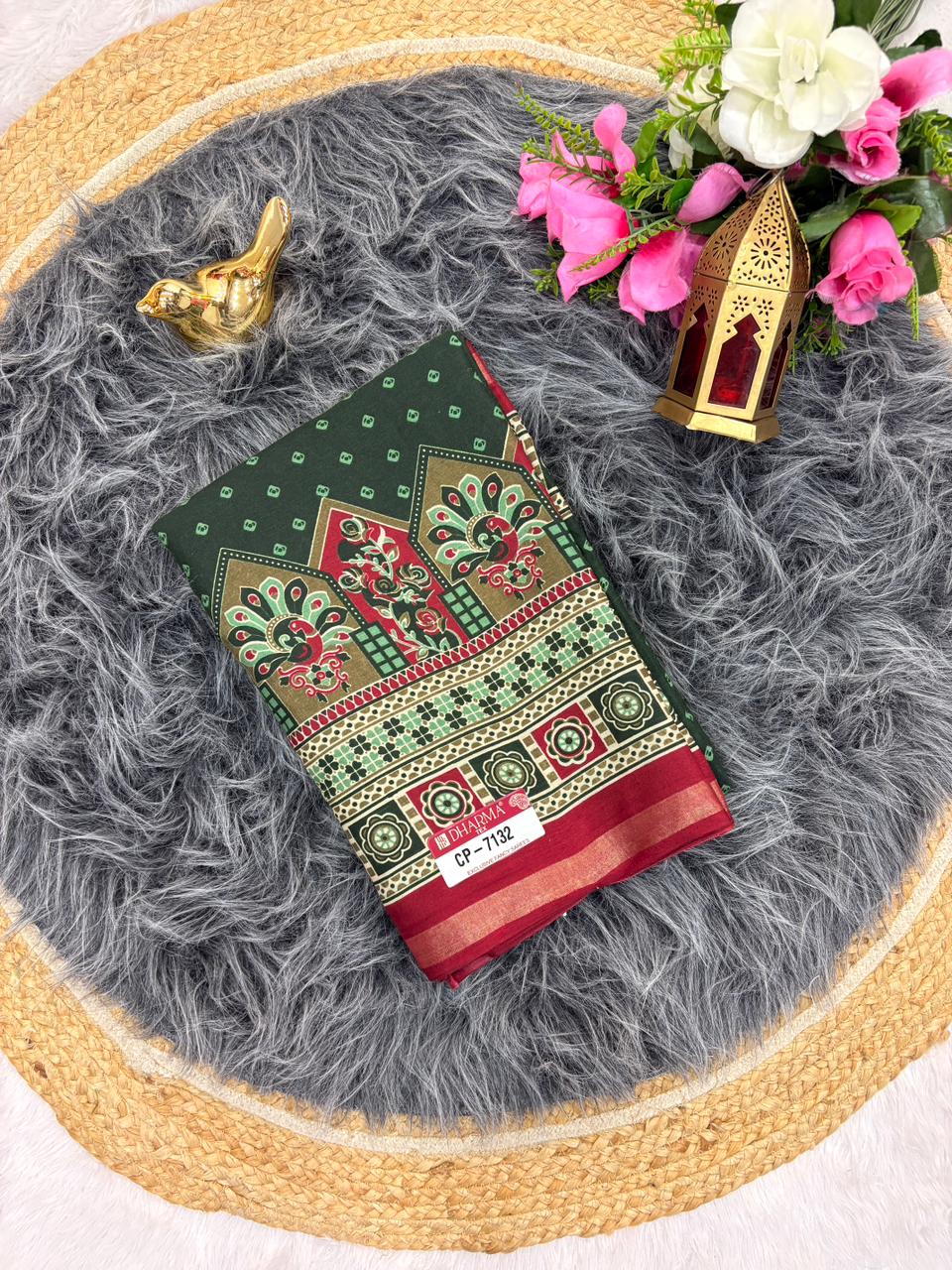 CP-7132 MAL COTTON FABRIC SAREE WITH BEAUTIFUL DESIGN ON PALLU WITH BUTTI BLOUSE AND TRENDING SAREE