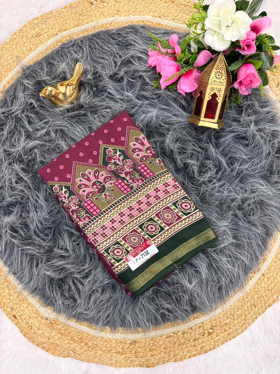 CP-7132 MAL COTTON FABRIC SAREE WITH BEAUTIFUL DESIGN ON PALLU WITH BUTTI BLOUSE AND TRENDING SAREE