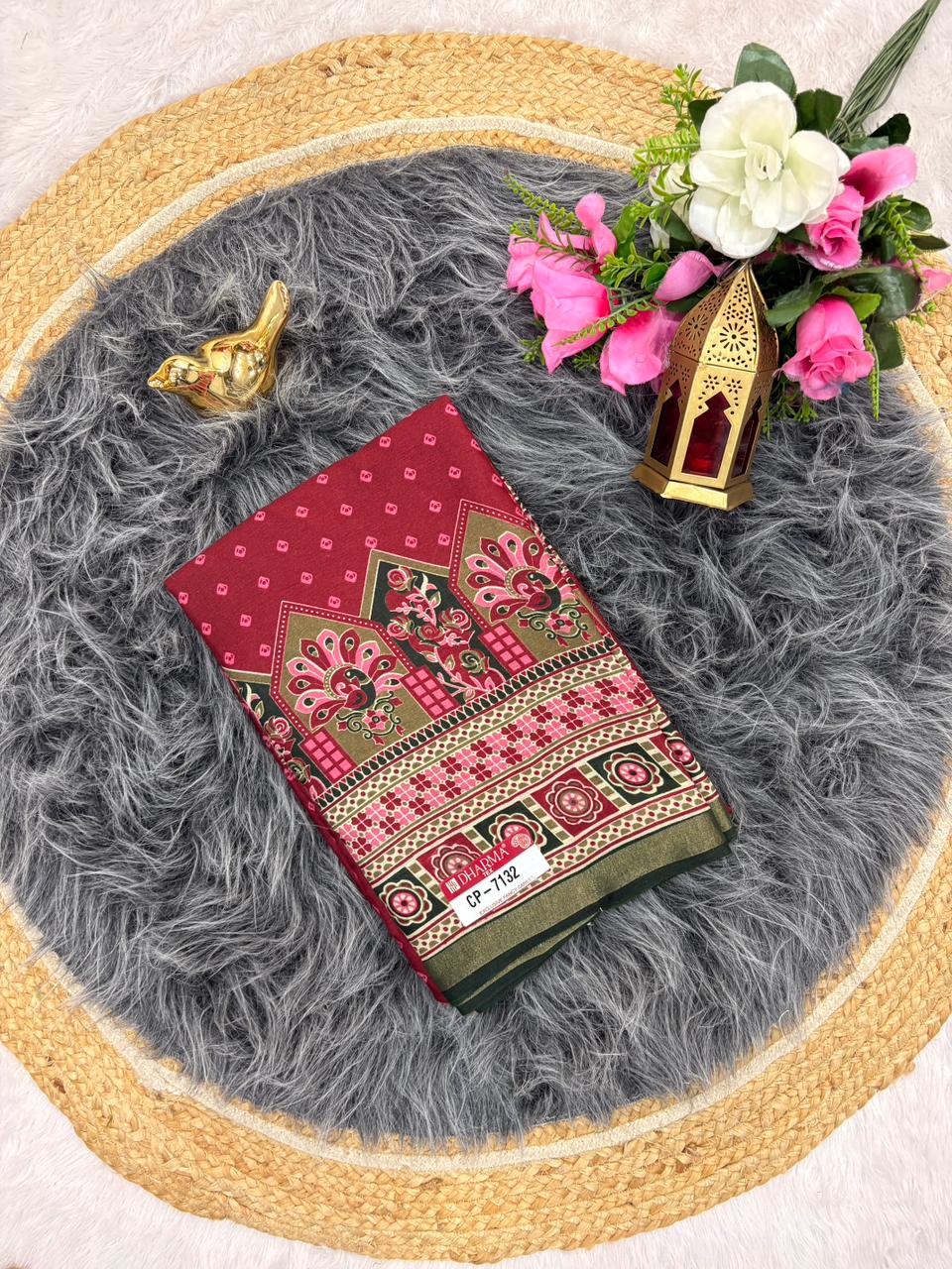CP-7132 MAL COTTON FABRIC SAREE WITH BEAUTIFUL DESIGN ON PALLU WITH BUTTI BLOUSE AND TRENDING SAREE