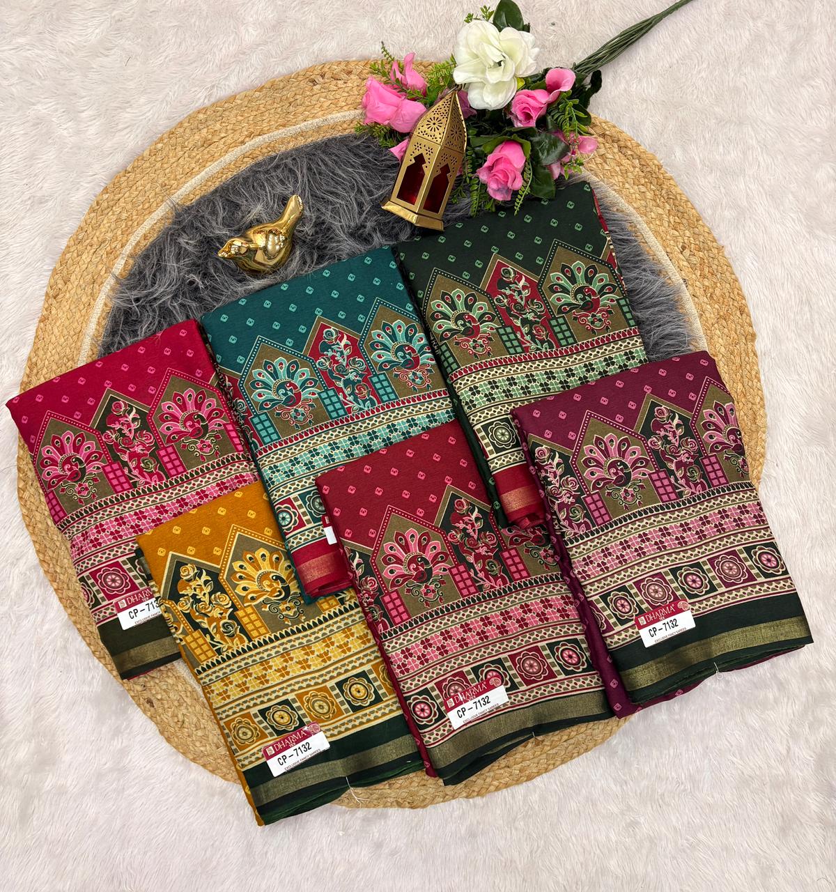 CP-7132 MAL COTTON FABRIC SAREE WITH BEAUTIFUL DESIGN ON PALLU WITH BUTTI BLOUSE AND TRENDING SAREE