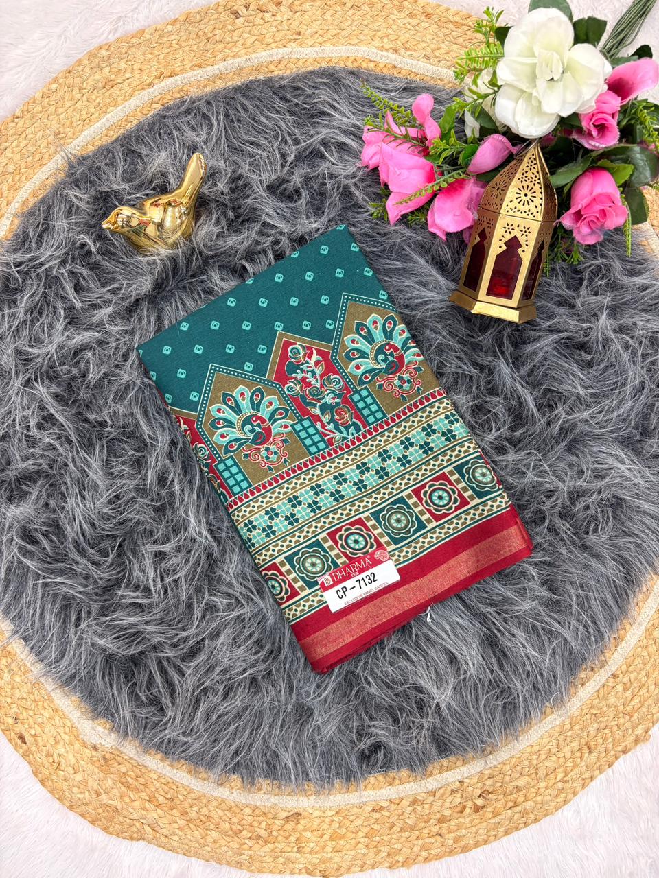 CP-7132 MAL COTTON FABRIC SAREE WITH BEAUTIFUL DESIGN ON PALLU WITH BUTTI BLOUSE AND TRENDING SAREE