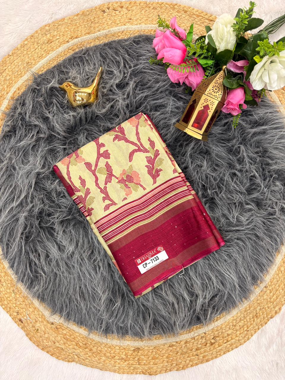 CP-7133 DOLA SEQUENCE  FABRIC SAREE WITH BEAUTIFUL DESIGN ON PALLU WITH BUTTI BLOUSE AND TRENDING SAREE